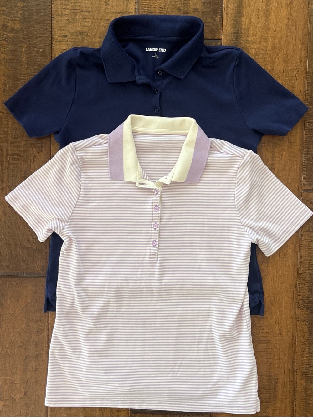 Lot of 2 Lands End 100% cotton polo shirts, navy and lavender striped, sz Small